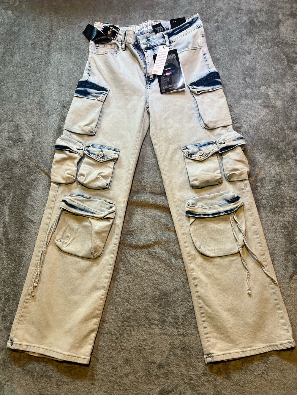 V.I.P. Jeans Women’s Straight Leg Cargo Jeans in Light Blue with Washed Accents